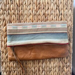 Hand woven fabric & Leather Fold-Over Clutch Bag